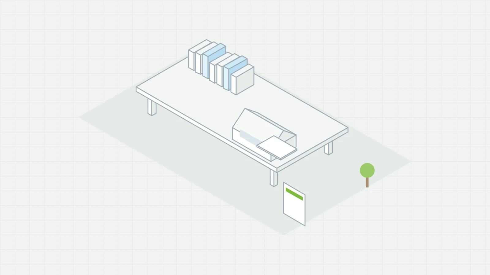 Isometric drawing of a long table on one plot of land with a row of document binders and an open document box on it, a certificate sheet with a green band standing beside the plot.